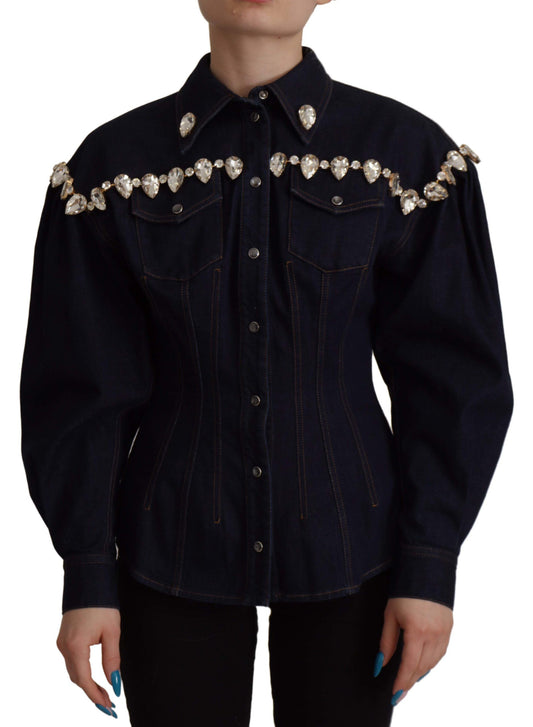 Giacca in cotone con cristalli e denim blu Dolce &amp; Gabbana