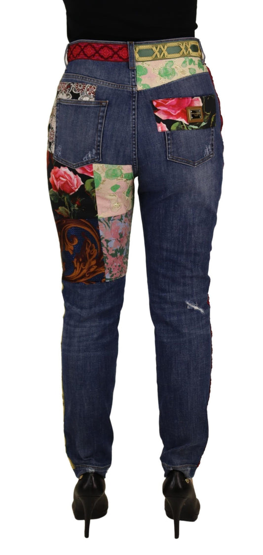 Jeans in denim a vita alta con patchwork blu Dolce &amp; Gabbana