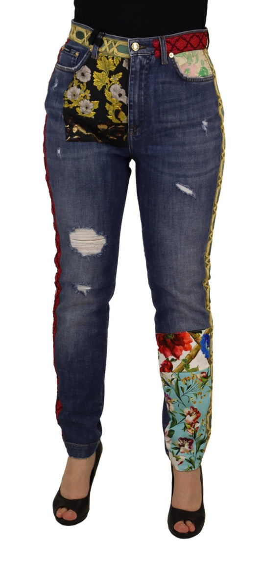 Jeans in denim a vita alta con patchwork blu Dolce &amp; Gabbana
