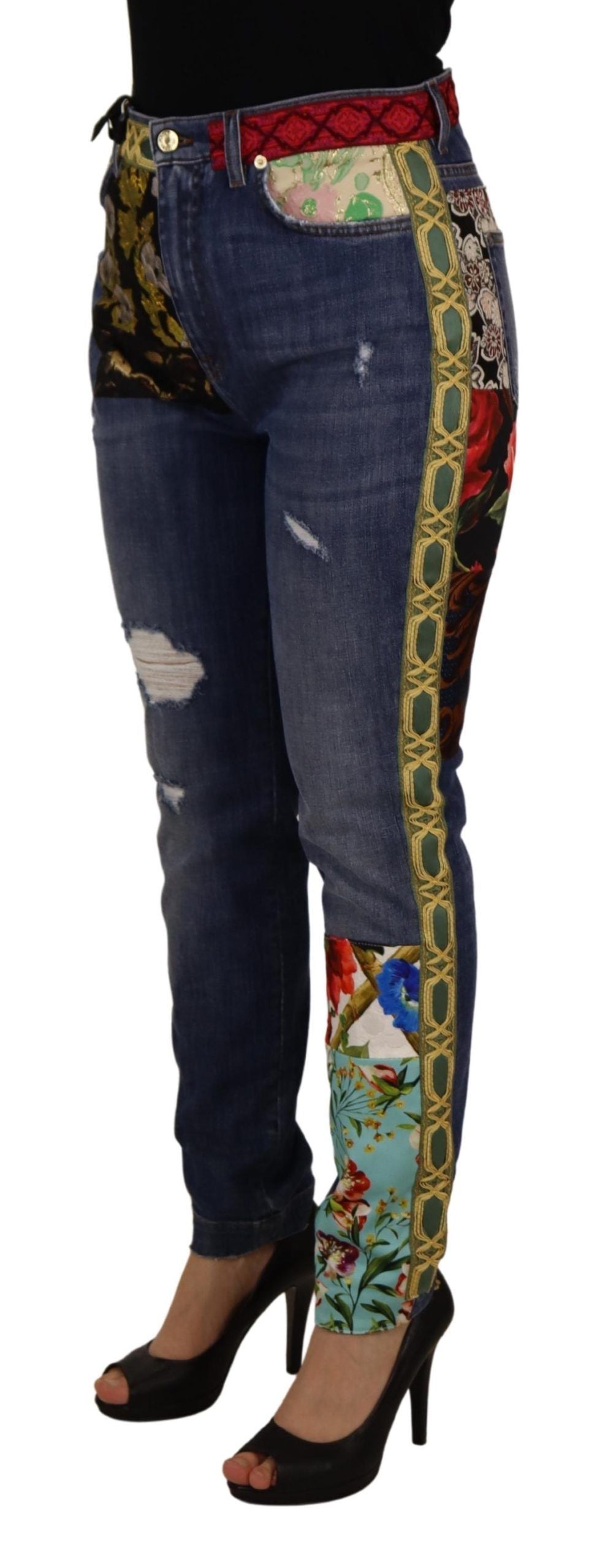 Jeans in denim a vita alta con patchwork blu Dolce &amp; Gabbana