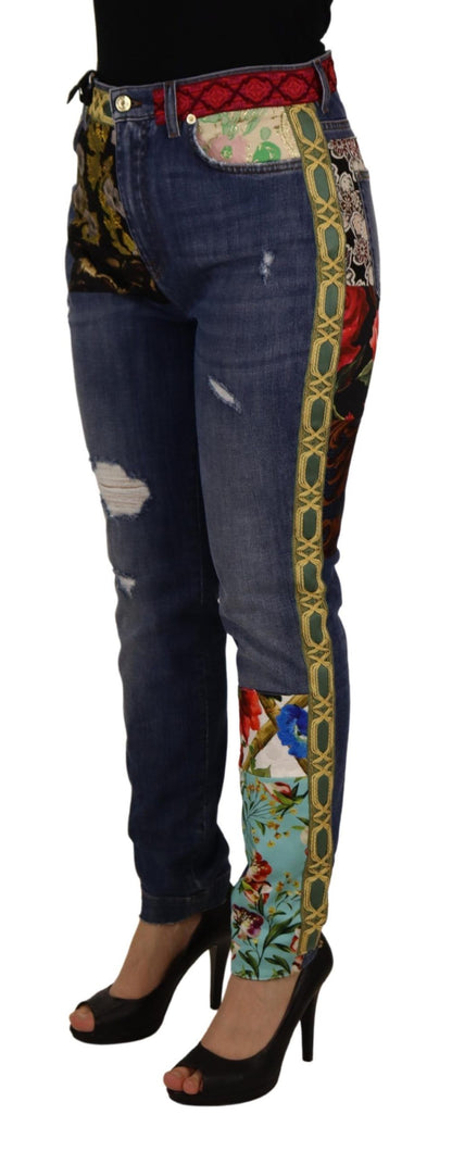 Jeans in denim a vita alta con patchwork blu Dolce &amp; Gabbana