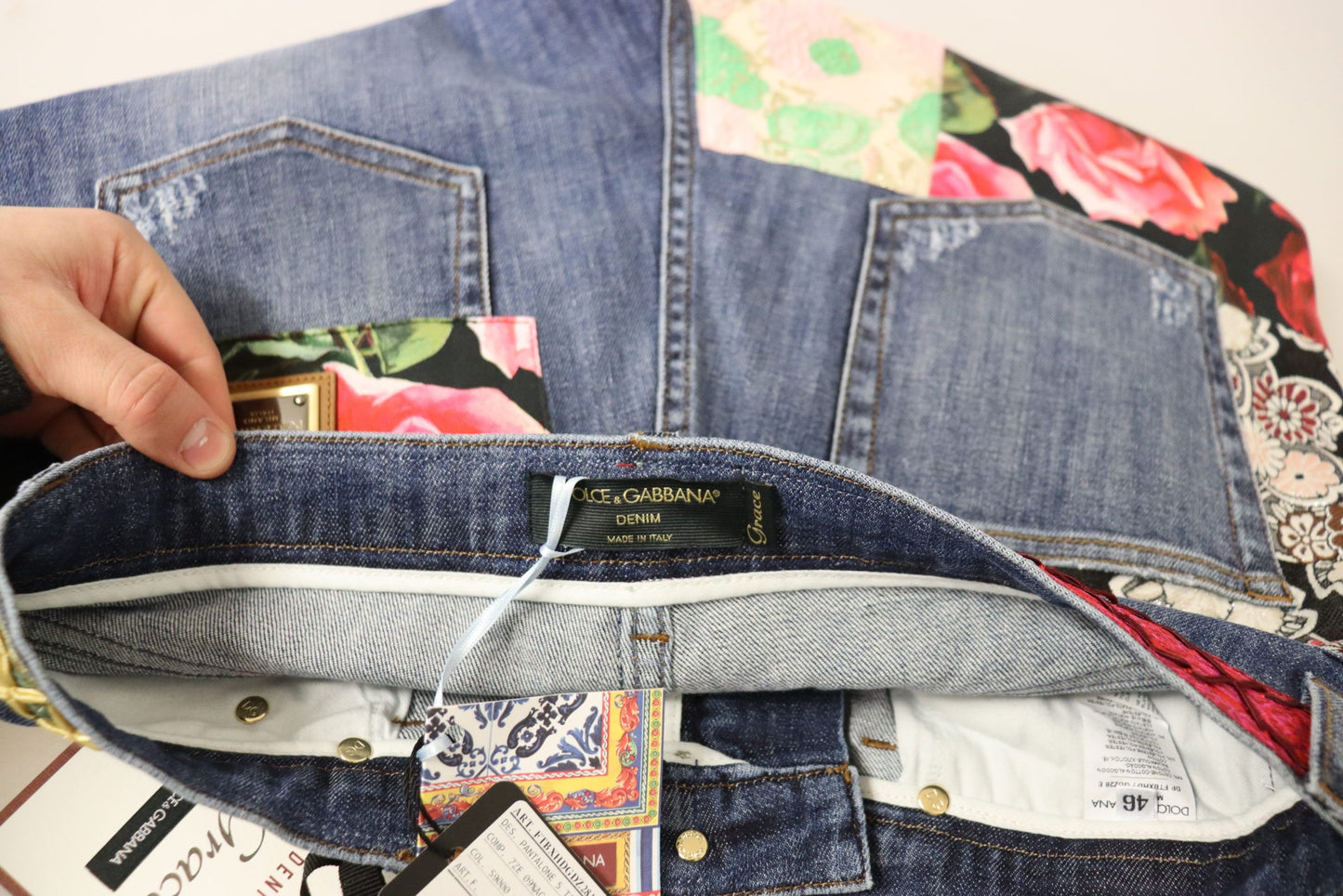 Jeans in denim a vita alta con patchwork blu Dolce &amp; Gabbana