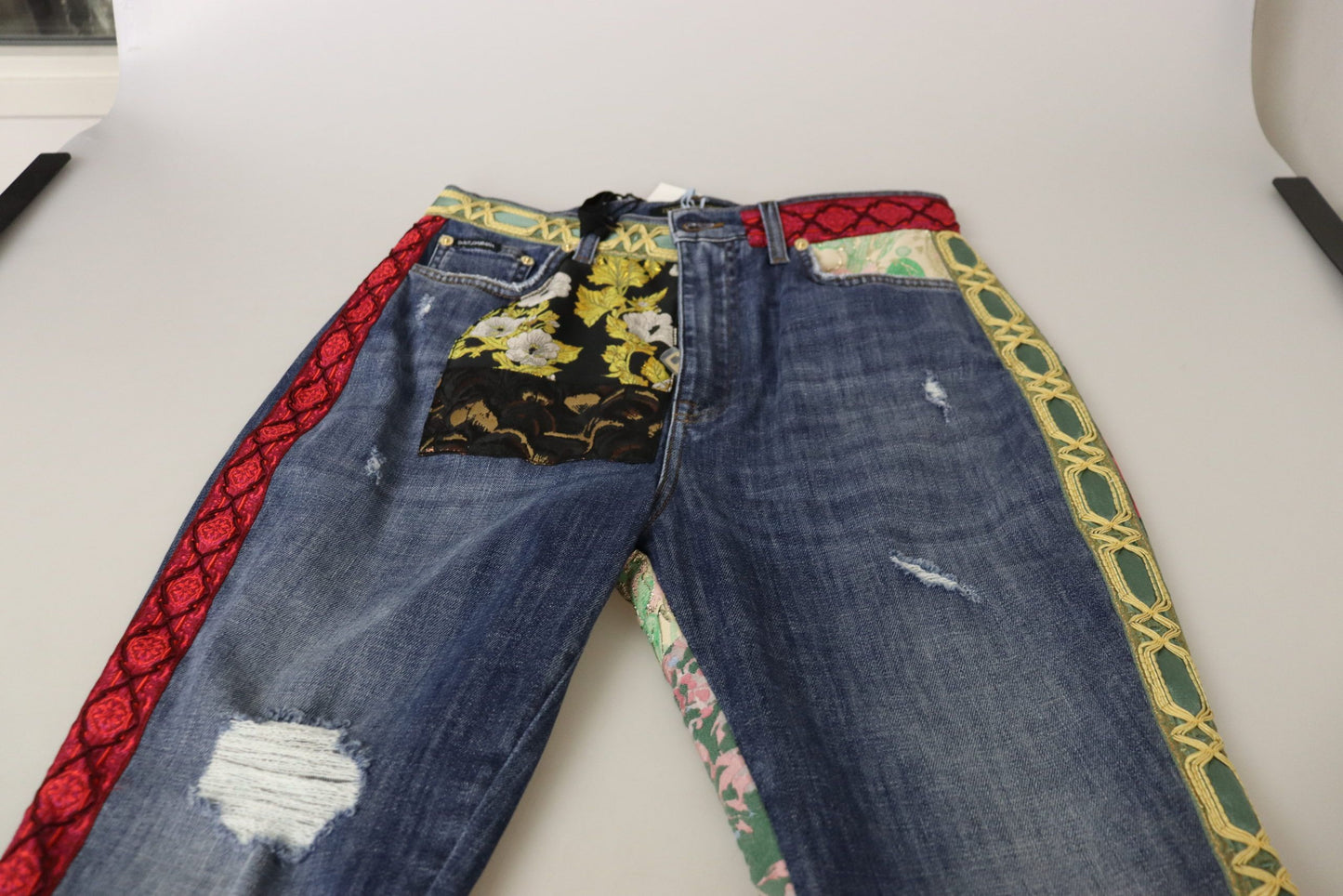 Jeans in denim a vita alta con patchwork blu Dolce &amp; Gabbana