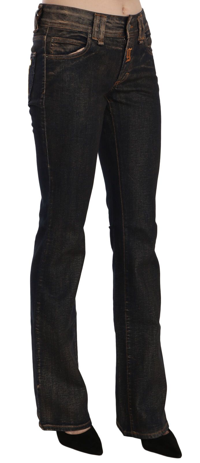 Pantaloni in denim svasati a vita media in cotone nero lavato John Galliano