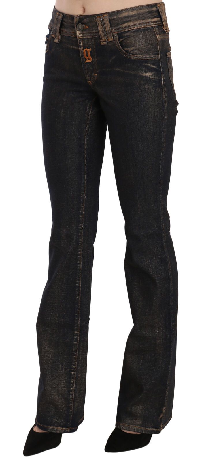 Pantaloni in denim svasati a vita media in cotone nero lavato John Galliano