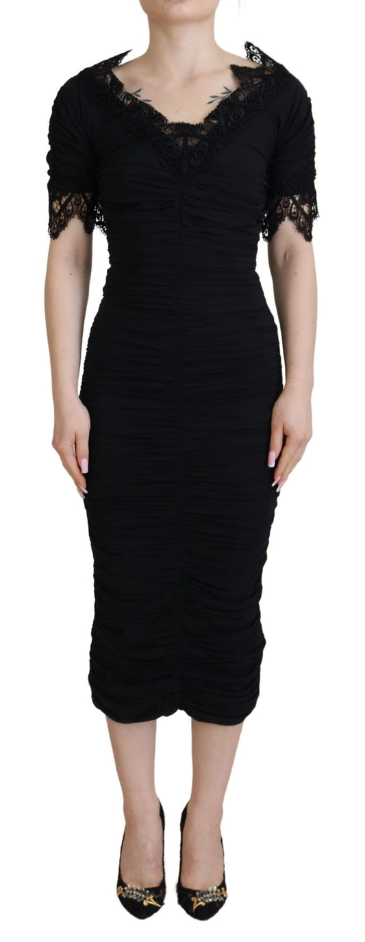 Dolce &amp; Gabbana Abito midi aderente in pizzo e seta nero