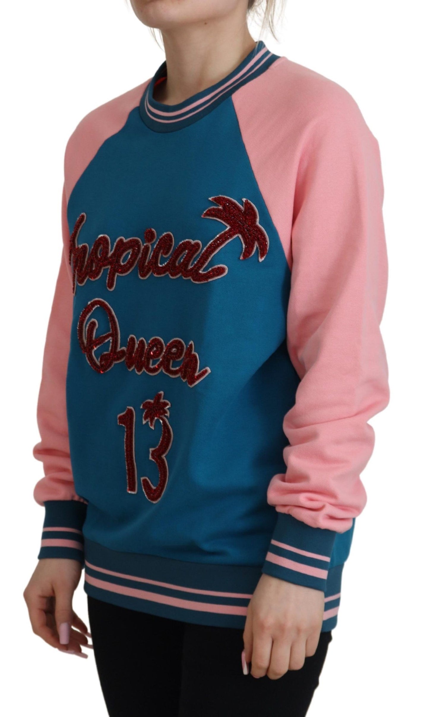 Dolce &amp; Gabbana Maglione con paillettes e cristalli blu e rosa Queen