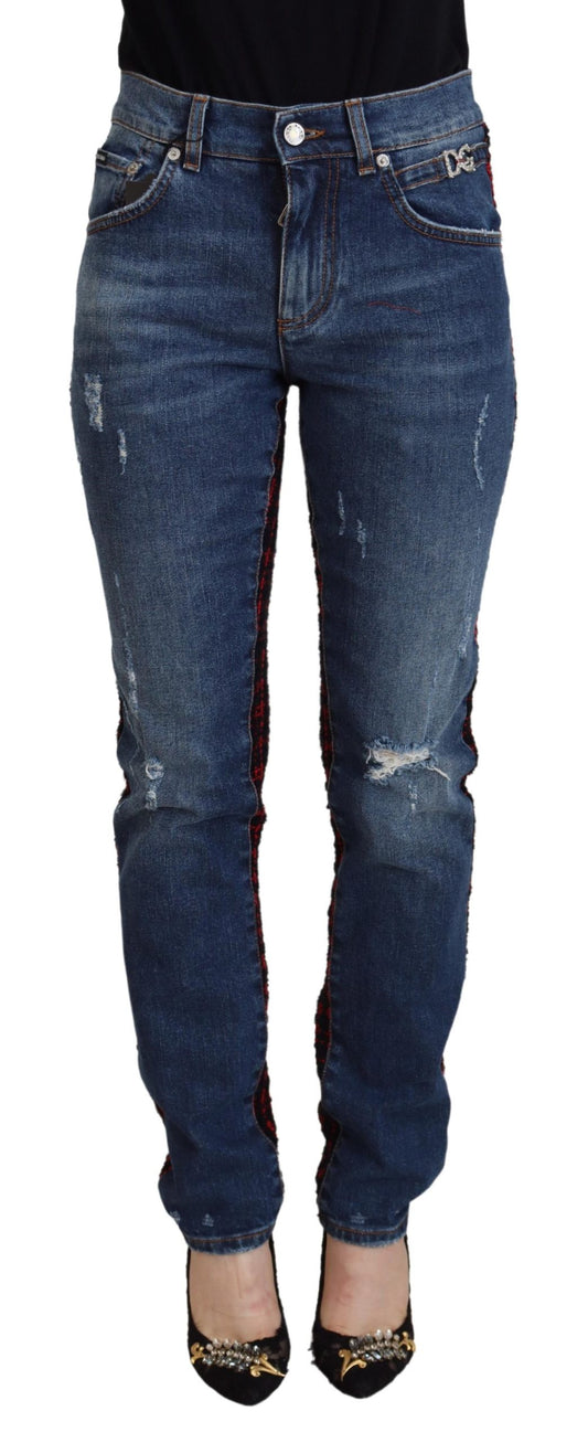 Jeans skinny in denim con retro a quadri blu Dolce &amp; Gabbana