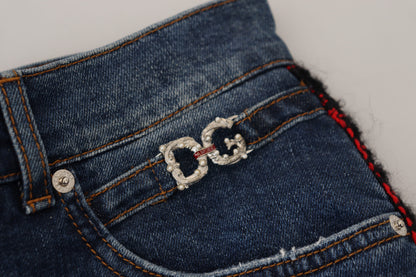 Jeans skinny in denim con retro a quadri blu Dolce &amp; Gabbana