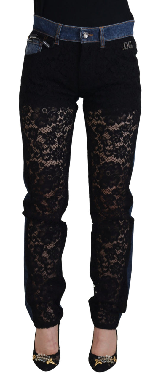 Jeans skinny in denim con pizzo floreale nero Dolce &amp; Gabbana