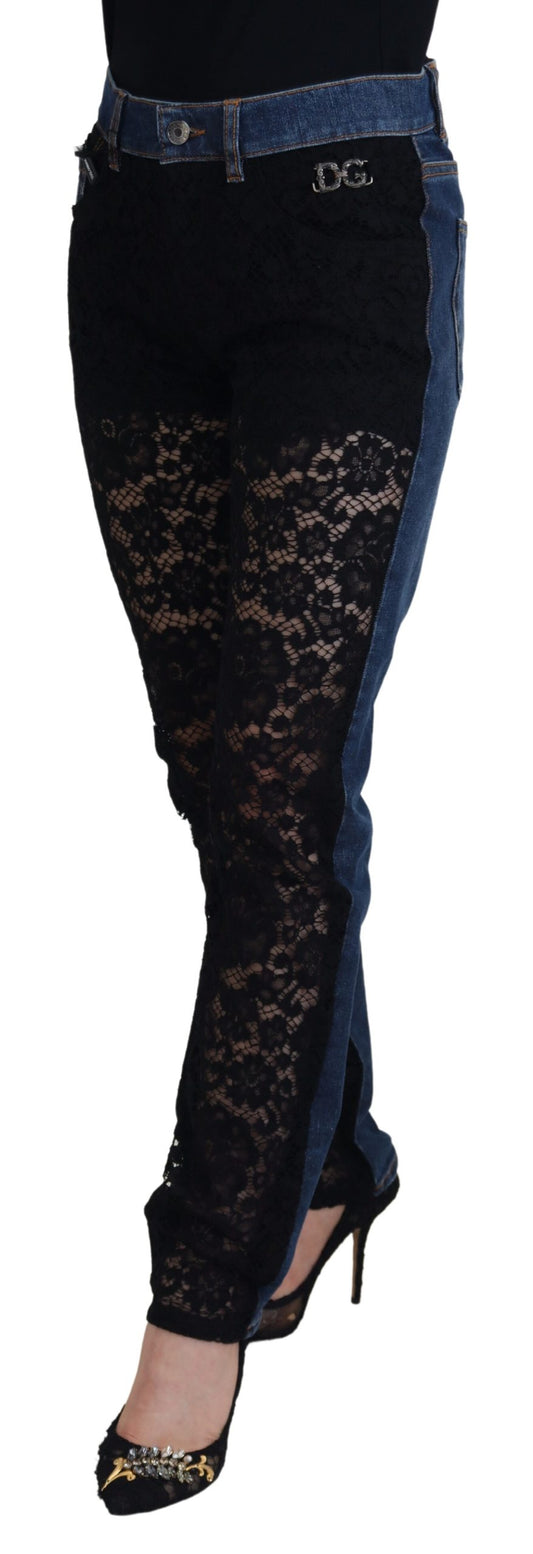 Jeans skinny in denim con pizzo floreale nero Dolce &amp; Gabbana