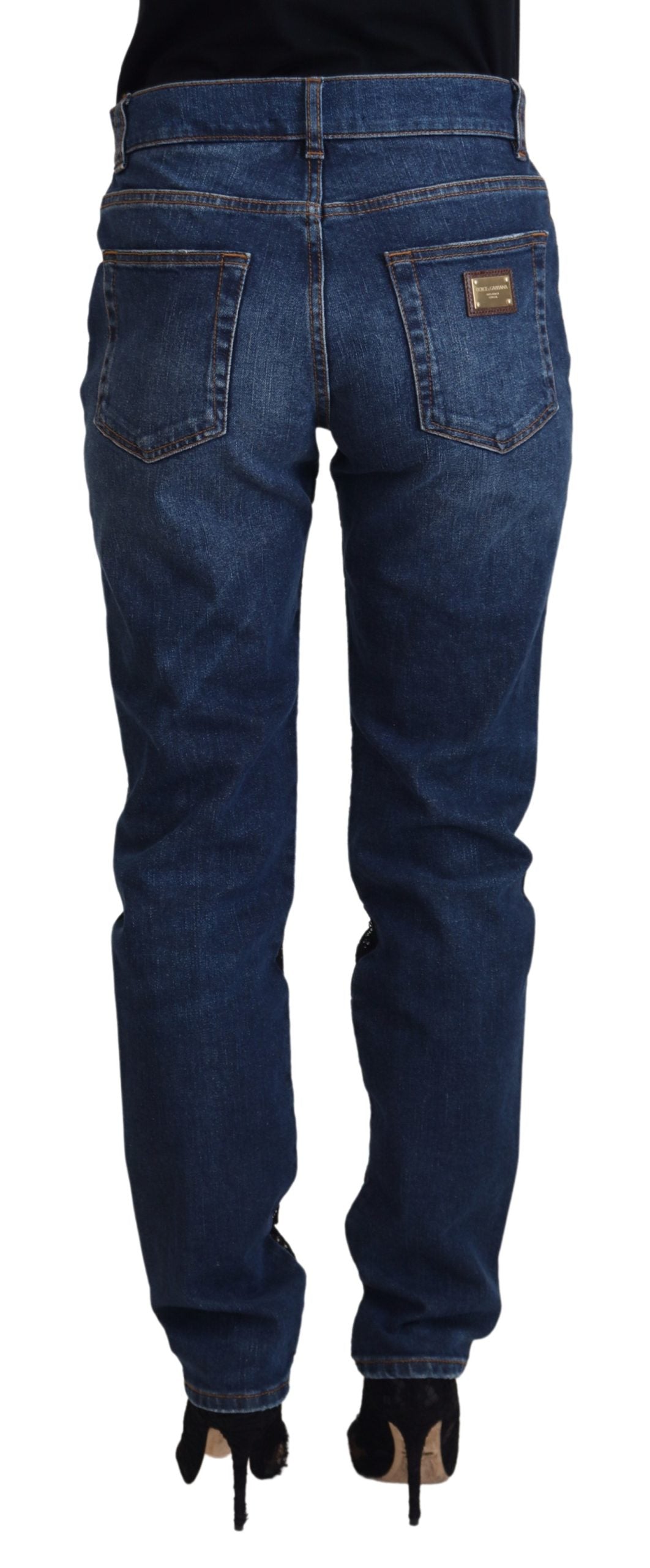 Jeans skinny in denim con pizzo floreale nero Dolce &amp; Gabbana