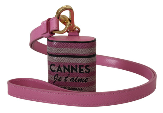 Custodia per Airpods Dolce &amp; Gabbana con cinturino in pelle rosa e nera e logo in metallo dorato