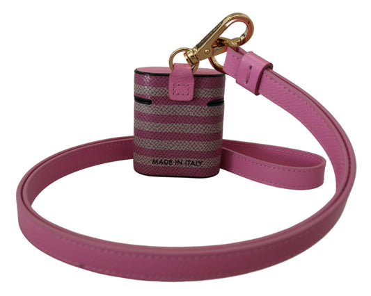 Custodia per Airpods Dolce &amp; Gabbana con cinturino in pelle rosa e nera e logo in metallo dorato