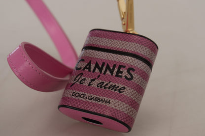 Custodia per Airpods Dolce &amp; Gabbana con cinturino in pelle rosa e nera e logo in metallo dorato
