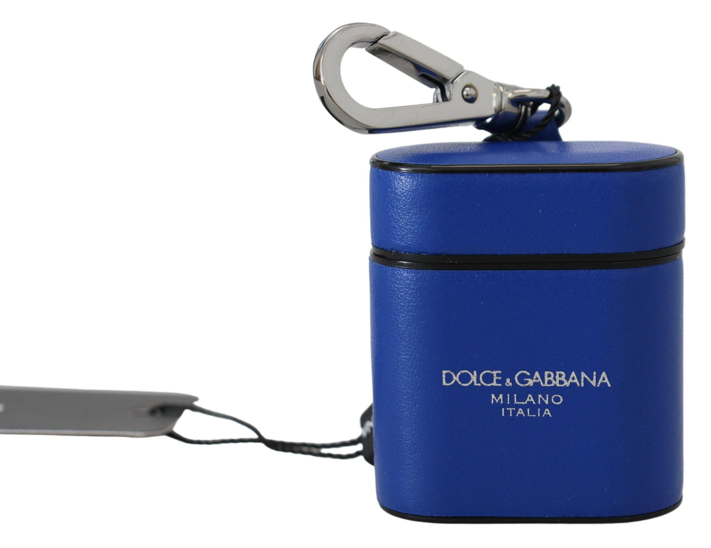 Custodia per Airpods Dolce &amp; Gabbana in pelle blu con logo in metallo argentato