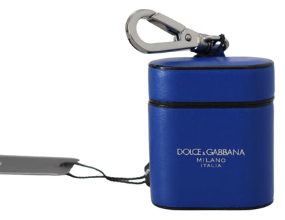 Custodia per Airpods Dolce &amp; Gabbana in pelle blu con logo in metallo argentato