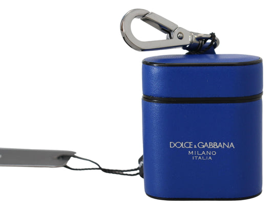 Custodia per Airpods Dolce &amp; Gabbana in pelle blu con logo in metallo argentato