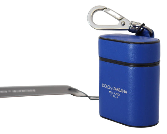 Custodia per Airpods Dolce &amp; Gabbana in pelle blu con logo in metallo argentato