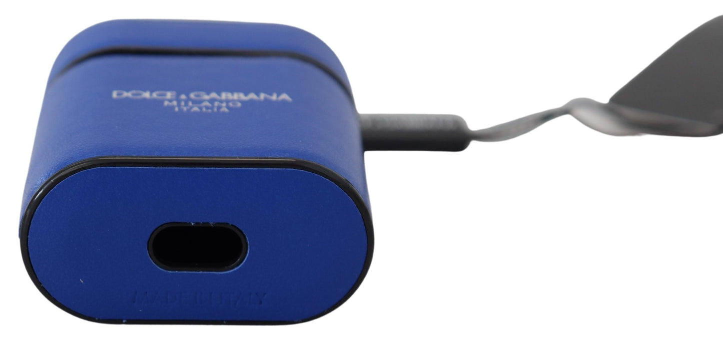Custodia per Airpods Dolce &amp; Gabbana in pelle blu con logo in metallo argentato
