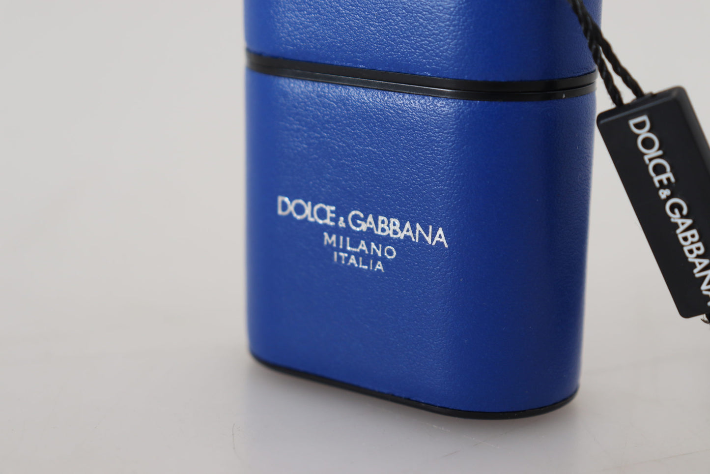 Custodia per Airpods Dolce &amp; Gabbana in pelle blu con logo in metallo argentato