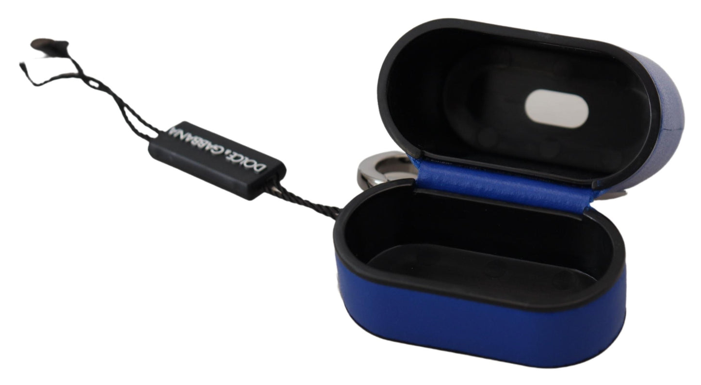 Custodia per Airpods Dolce &amp; Gabbana in pelle blu con logo in metallo argentato