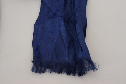 Costume National Scialle di seta blu Foulard Sciarpa con frange