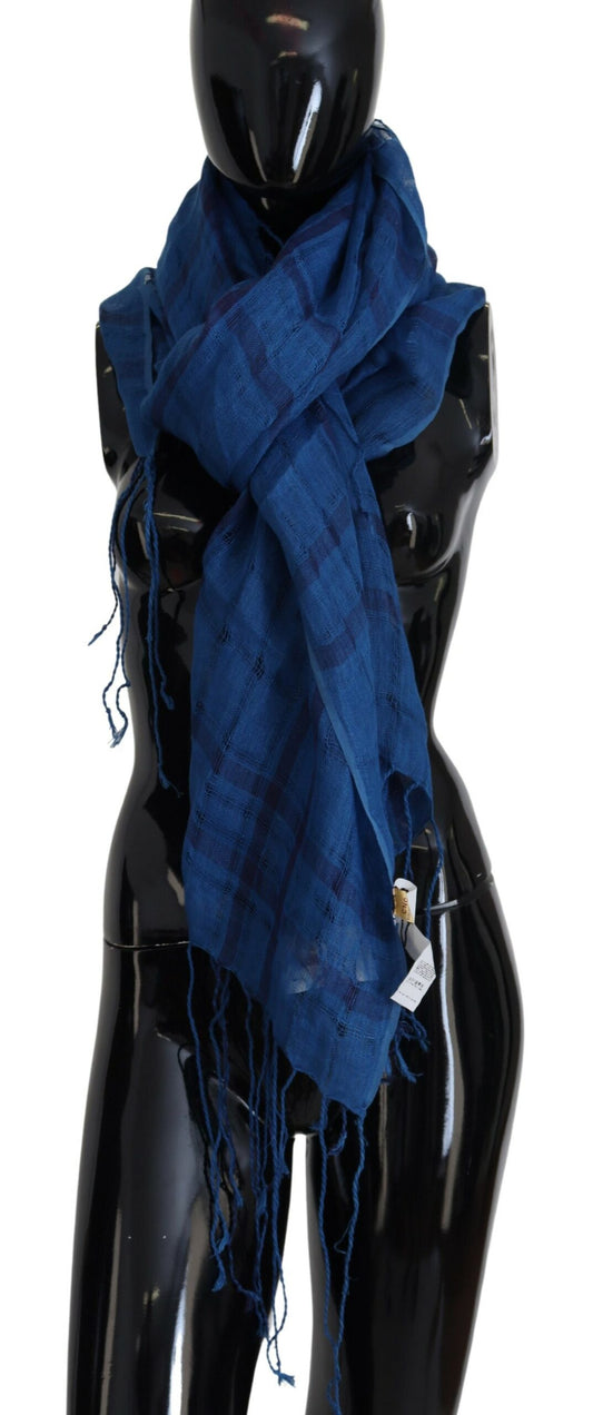 Costume National Scialle Foulard Sciarpa con frange in lino blu