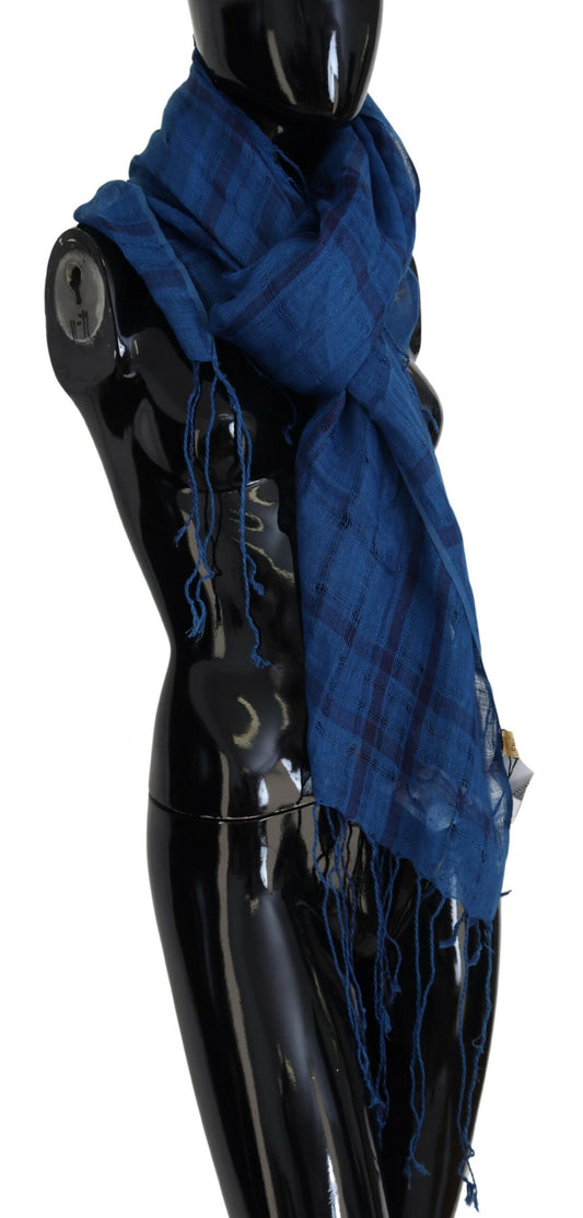 Costume National Scialle Foulard Sciarpa con frange in lino blu