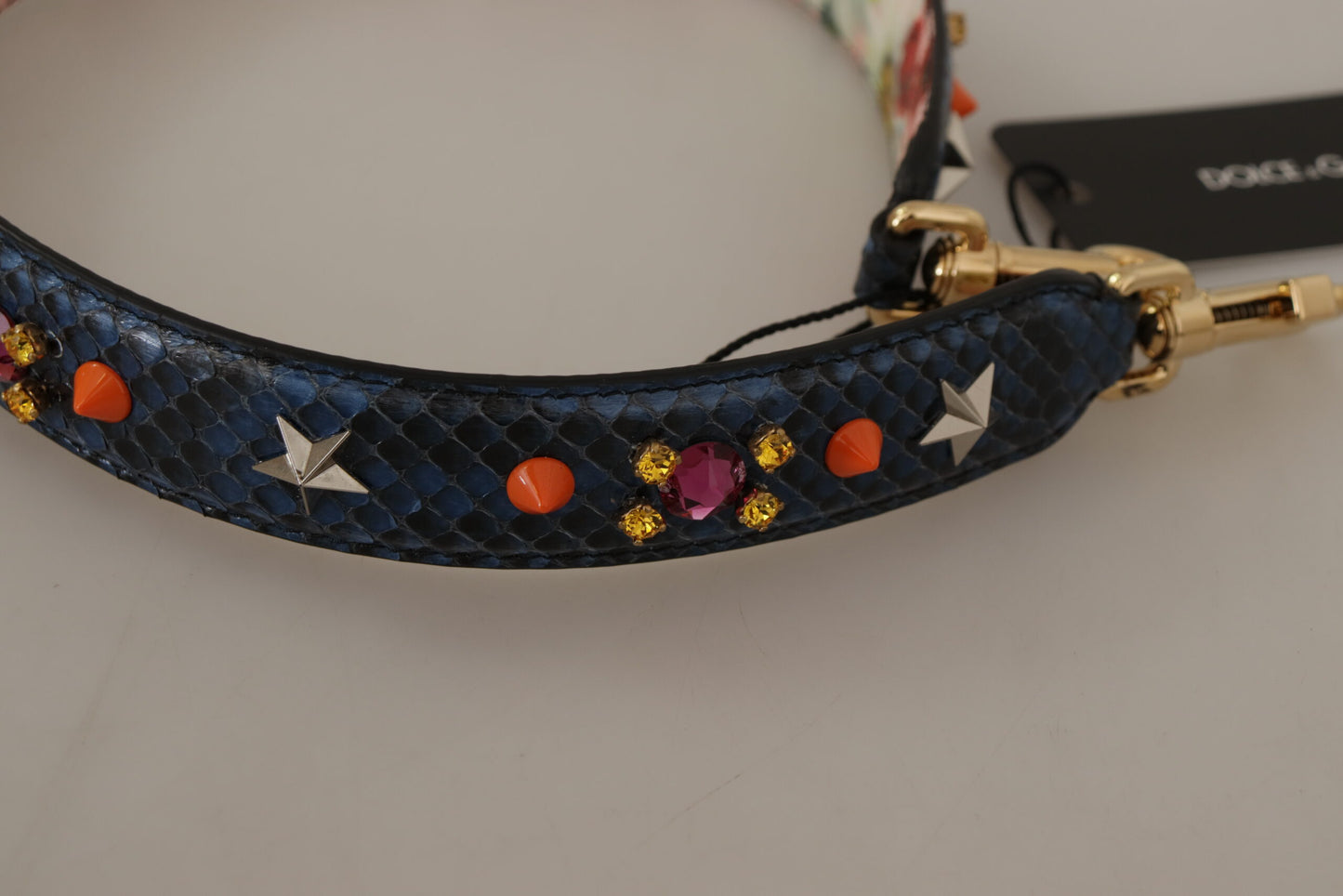 Tracolla reversibile Dolce &amp; Gabbana in pelle esotica blu con cristalli