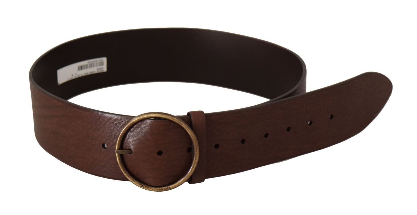 Cintura Dolce &amp; Gabbana in pelle marrone con fibbia rotonda in metallo e logo a vita larga