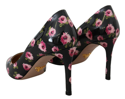 Décolleté Prada con tacco a spillo e stampa floreale in pelle nera