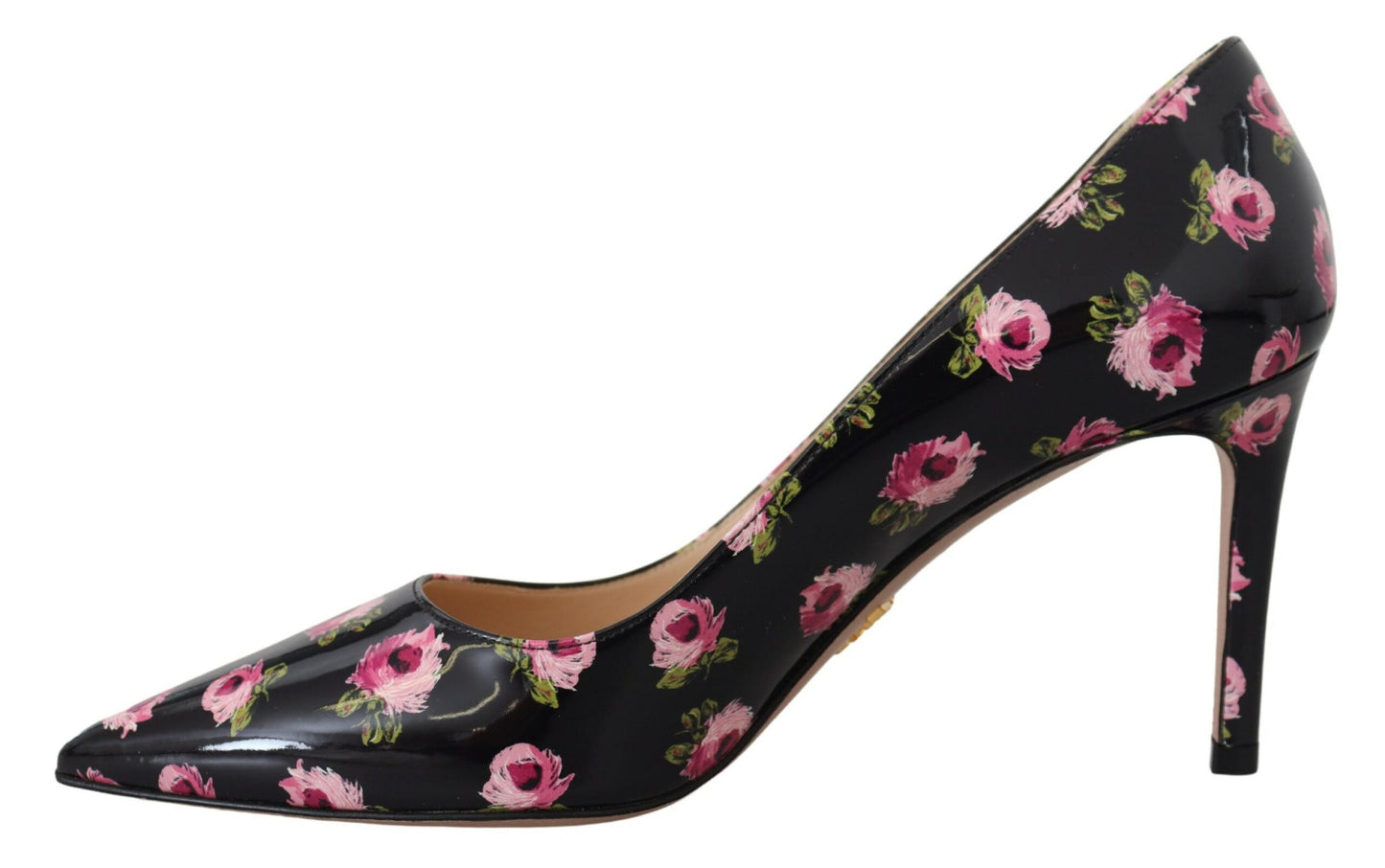 Décolleté Prada con tacco a spillo e stampa floreale in pelle nera