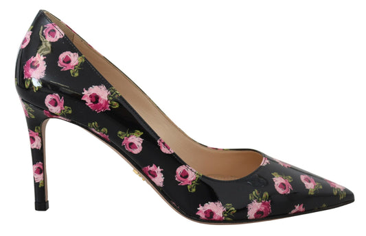 Décolleté Prada con tacco a spillo e stampa floreale in pelle nera