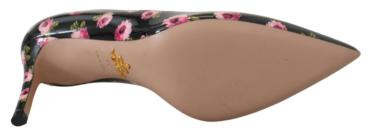 Décolleté Prada con tacco a spillo e stampa floreale in pelle nera
