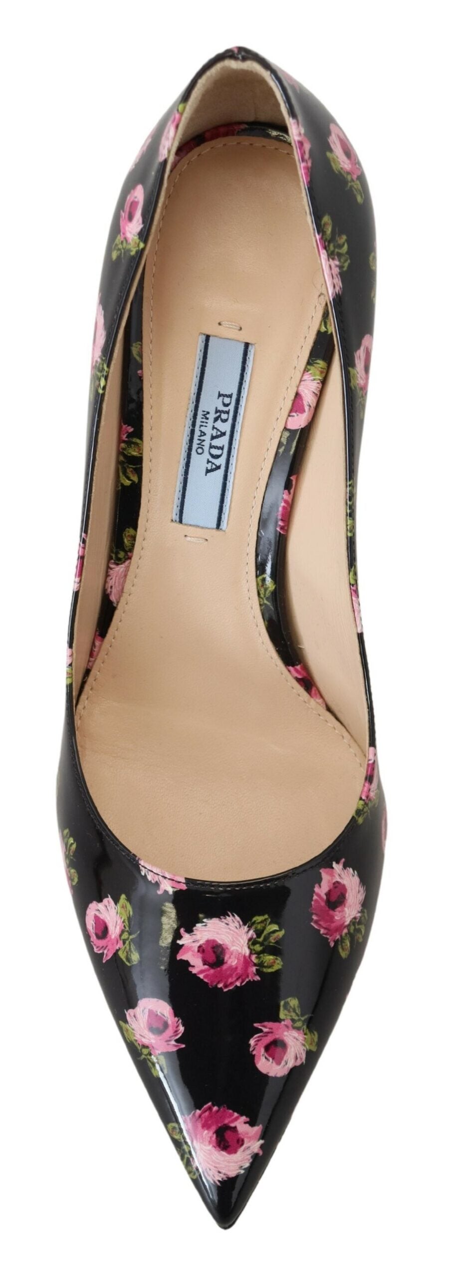 Décolleté Prada con tacco a spillo e stampa floreale in pelle nera