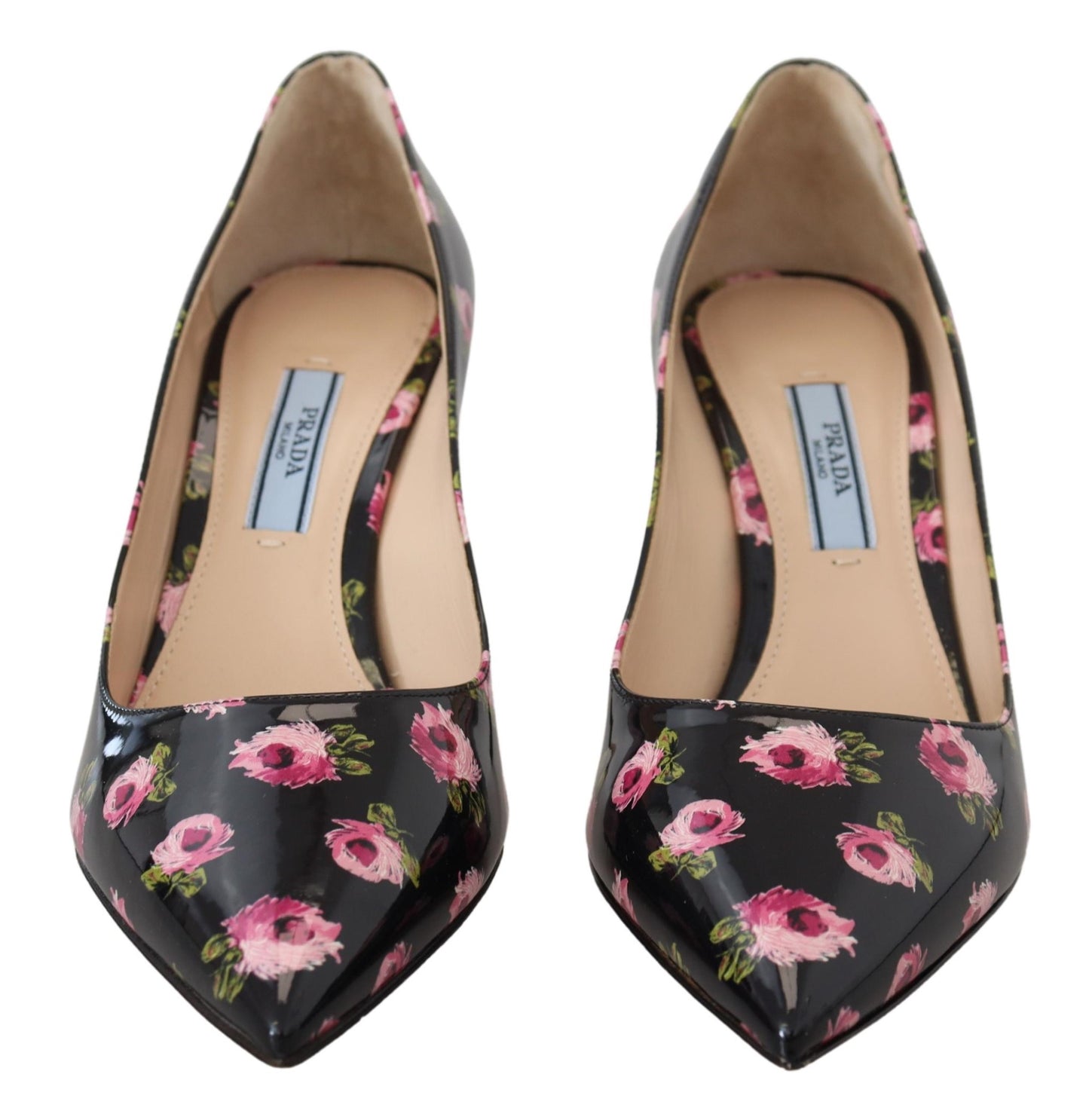 Décolleté Prada con tacco a spillo e stampa floreale in pelle nera