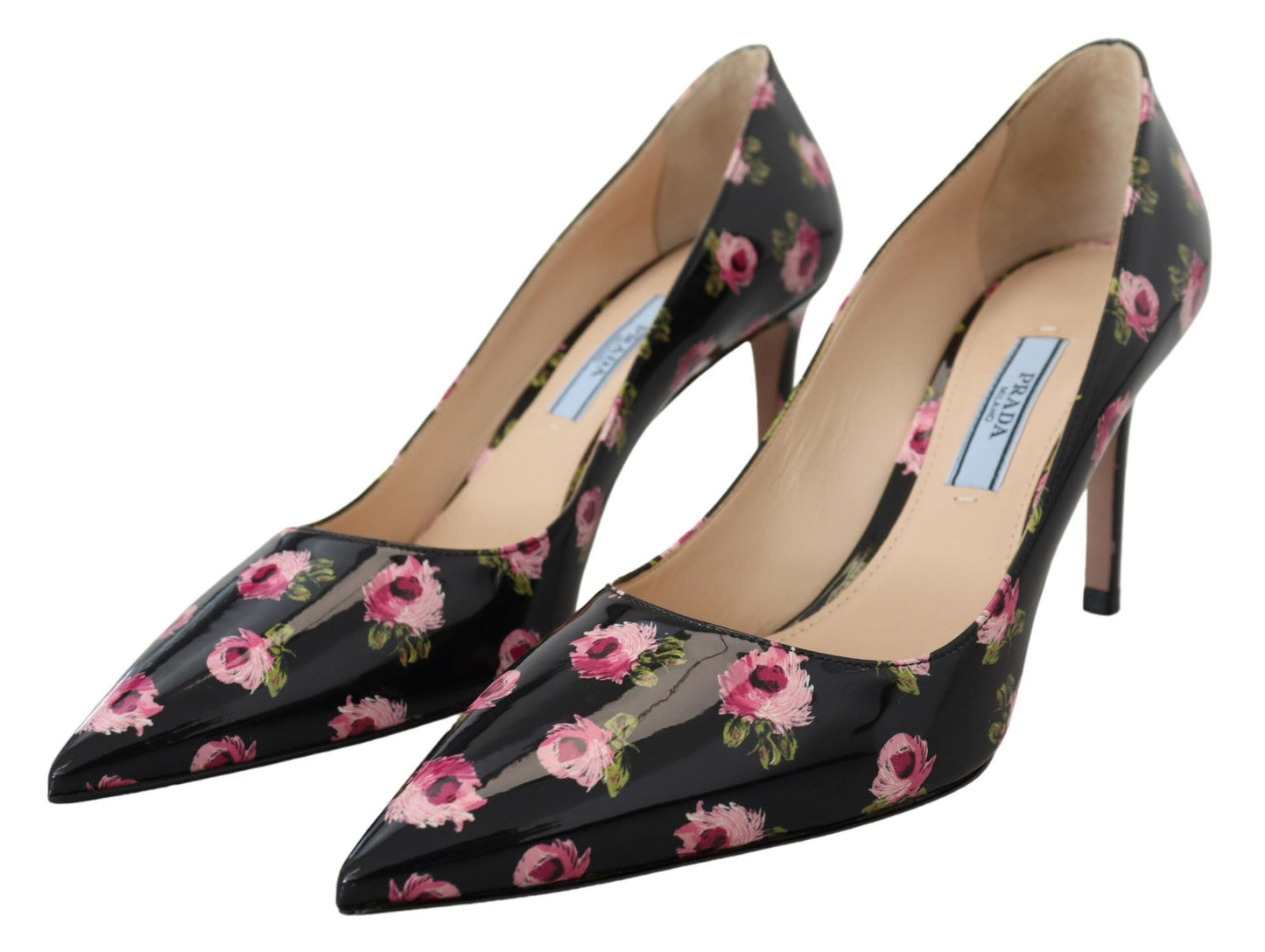 Décolleté Prada con tacco a spillo e stampa floreale in pelle nera