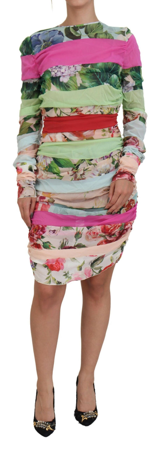 Abito tubino aderente in seta multicolore con stampa floreale Dolce &amp; Gabbana