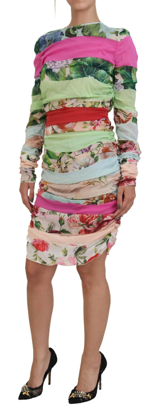 Abito tubino aderente in seta multicolore con stampa floreale Dolce &amp; Gabbana