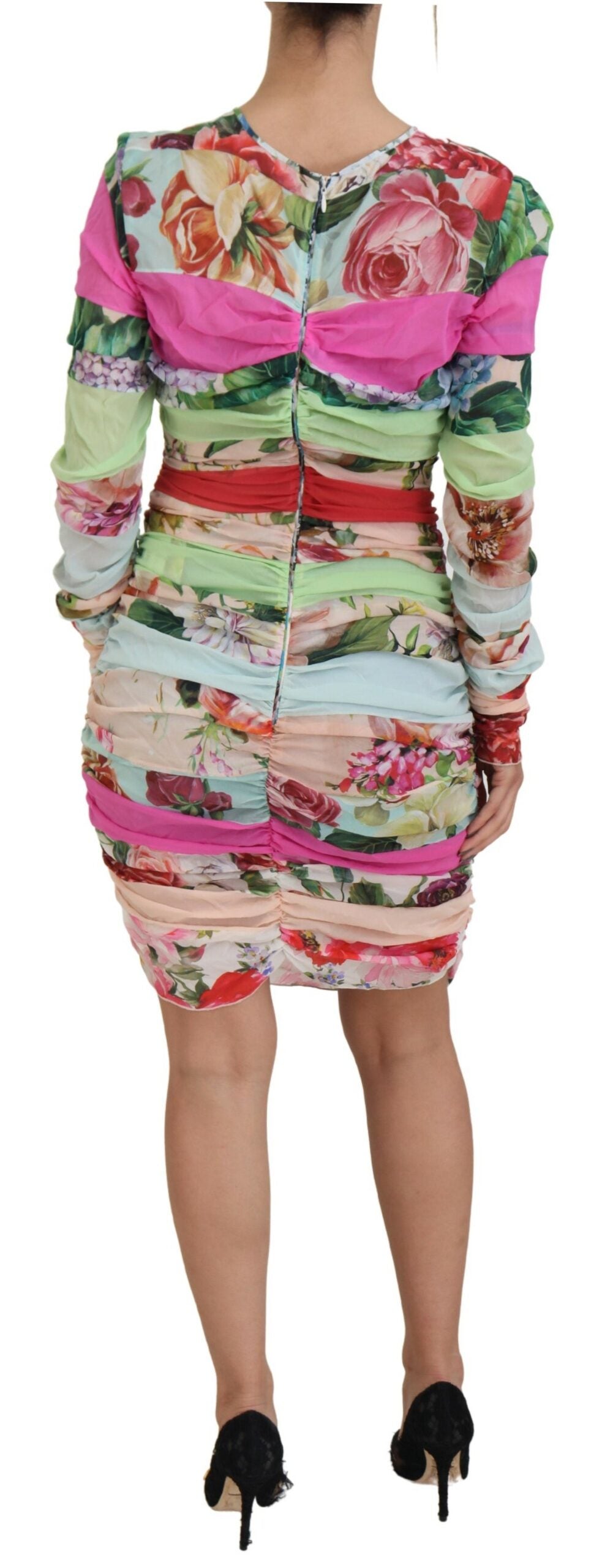Abito tubino aderente in seta multicolore con stampa floreale Dolce &amp; Gabbana