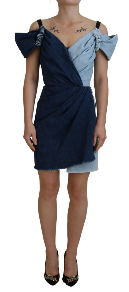 Mini abito in denim patchwork blu bicolore Dolce &amp; Gabbana