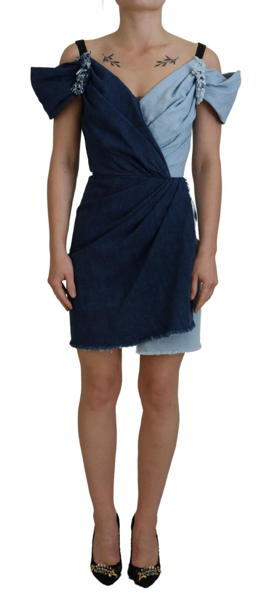 Mini abito in denim patchwork blu bicolore Dolce &amp; Gabbana