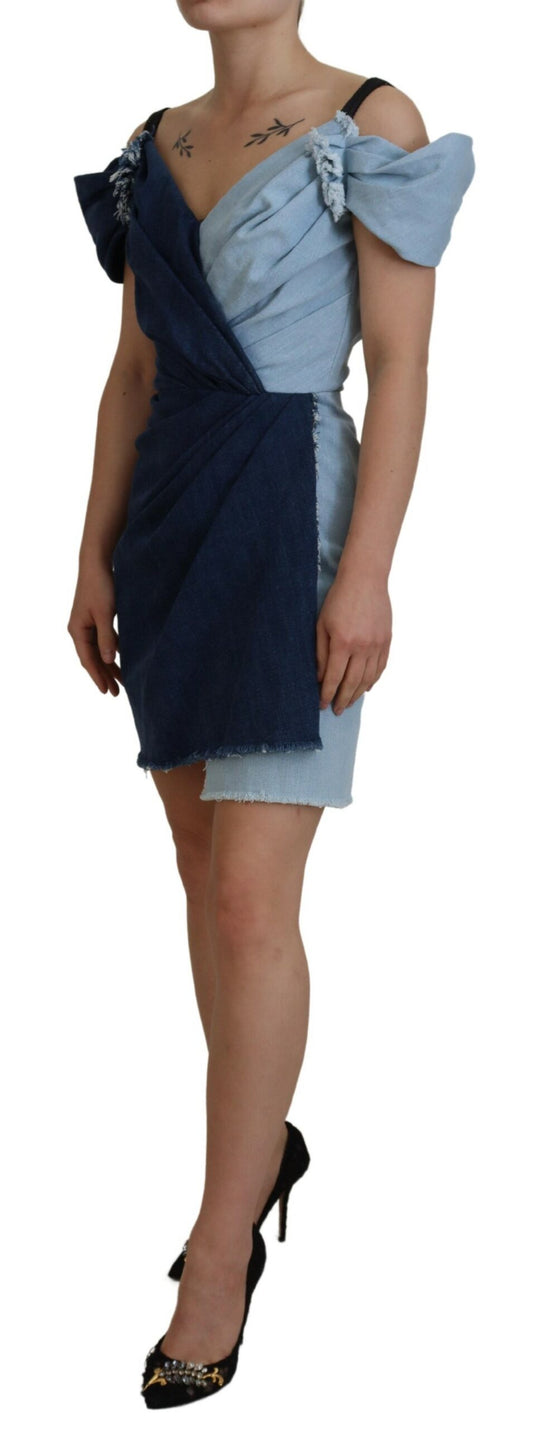 Mini abito in denim patchwork blu bicolore Dolce &amp; Gabbana