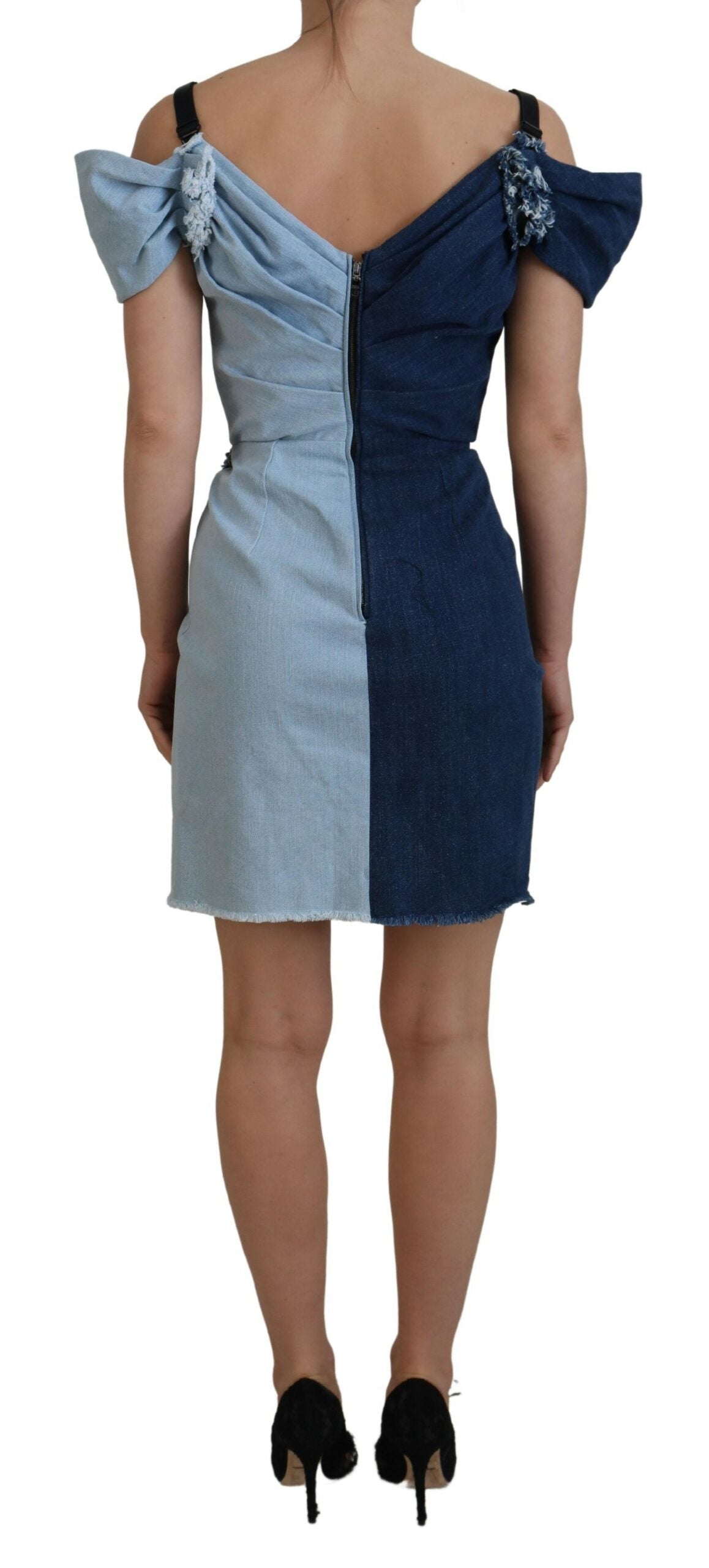 Mini abito in denim patchwork blu bicolore Dolce &amp; Gabbana