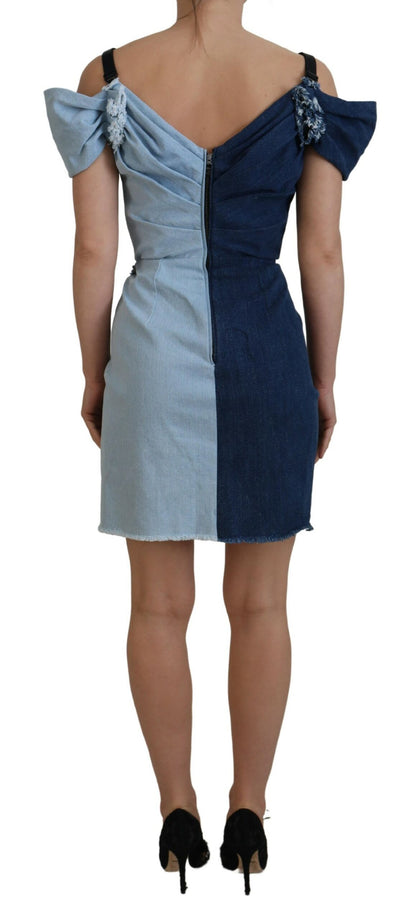 Mini abito in denim patchwork blu bicolore Dolce &amp; Gabbana
