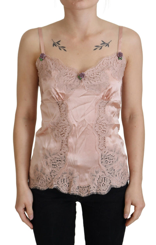 Canotta in raso rosa con rose in pizzo Dolce &amp; Gabbana Lingerie