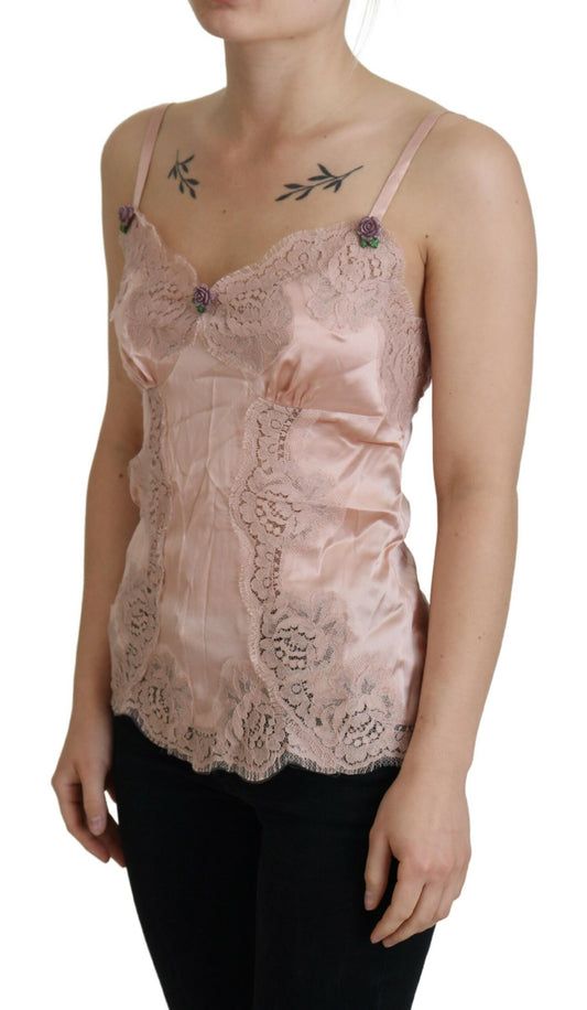 Canotta in raso rosa con rose in pizzo Dolce &amp; Gabbana Lingerie