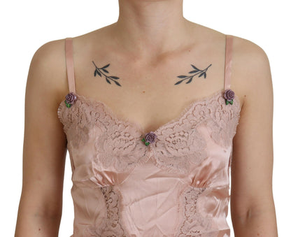 Canotta in raso rosa con rose in pizzo Dolce &amp; Gabbana Lingerie