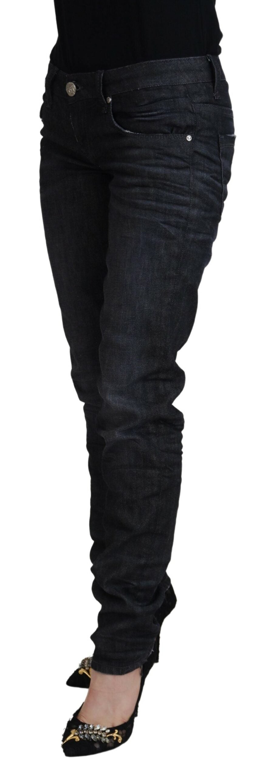 Jeans casual da donna in denim slim fit a vita bassa in cotone nero Acht